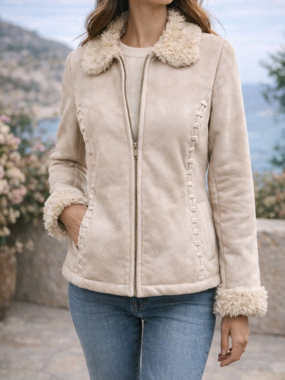 Croft & Barrow Faux Suede Shearling Jacket Cream Whipstitch Detail Size M